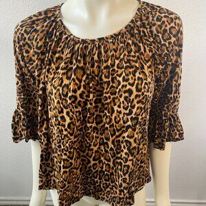 Michael Kors Top Womens Brown Black Animal Print Scoop Neck Boho Artsy Blouse L
